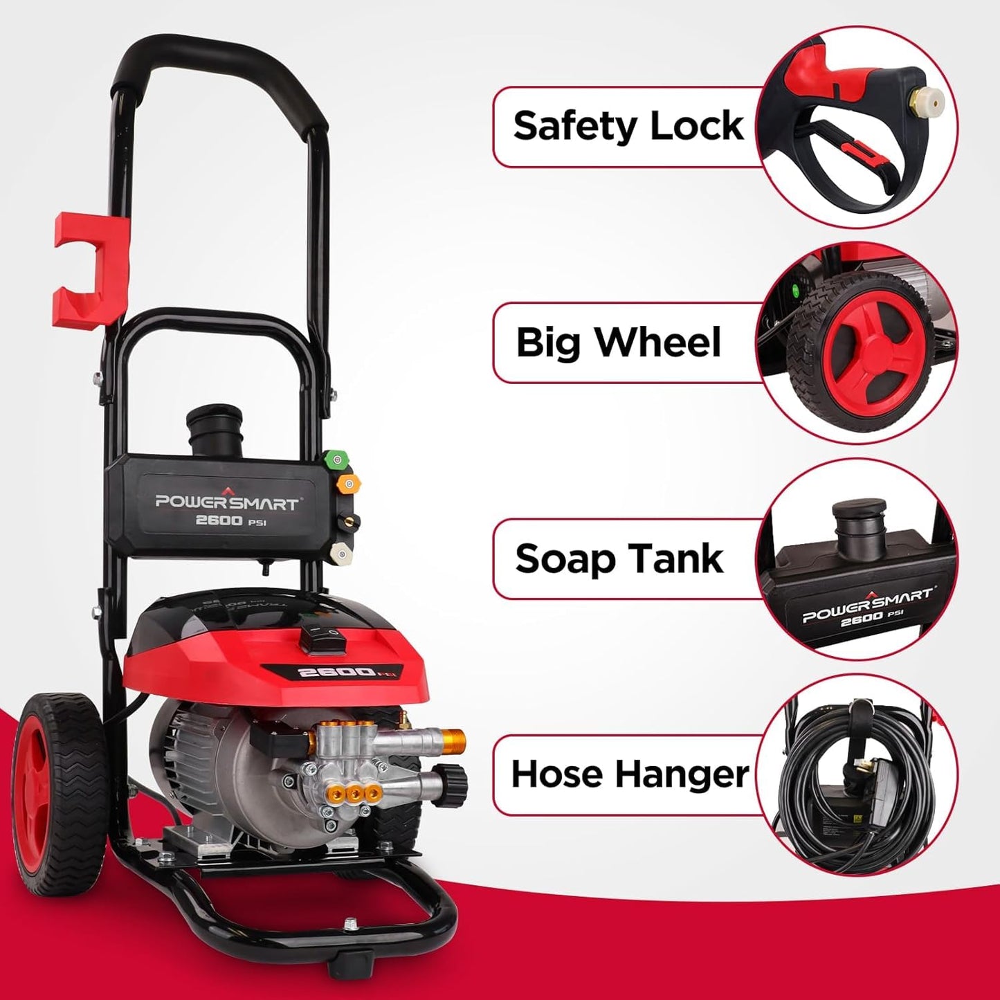PowerSmart max 2600 PSI Electric Pressure Washer, 2.0 GPM 1600W with 27FT Hose, 35FT Power Cord, 5 Nozzles, and 1500ml Foam Cannon for Car, Patio, and Fence Cleaning