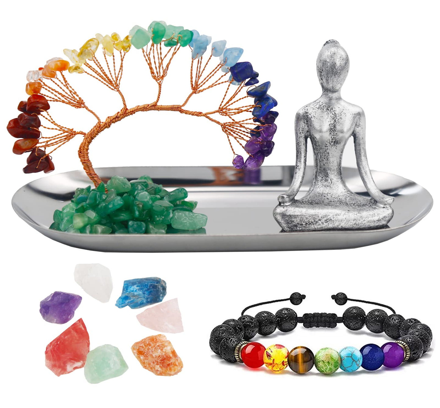 Carselage Meditation Accessories, Zen Spiritual Decor, 7 Chakra Crystal Tree Healing Stones and Yoga Statues, for Living Room, Office, Shelves, Mantle Decor, Birthday Gifts for Women