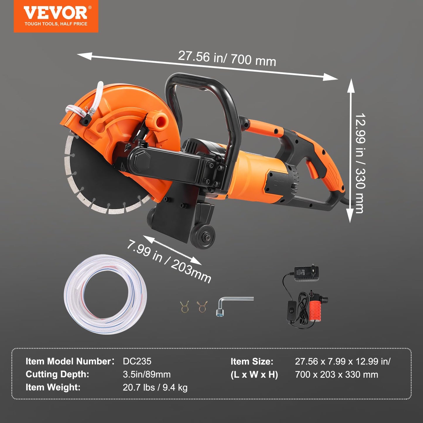 VEVOR Electric Concrete Saw, 9 in Circular Saw Cutter with 3.5 in Cutting Depth, Wet/Dry Disk Cutter Includes Water Line, Pump and Blade, for Stone, Brick, Porcelain, Concrete, 1800W Motor