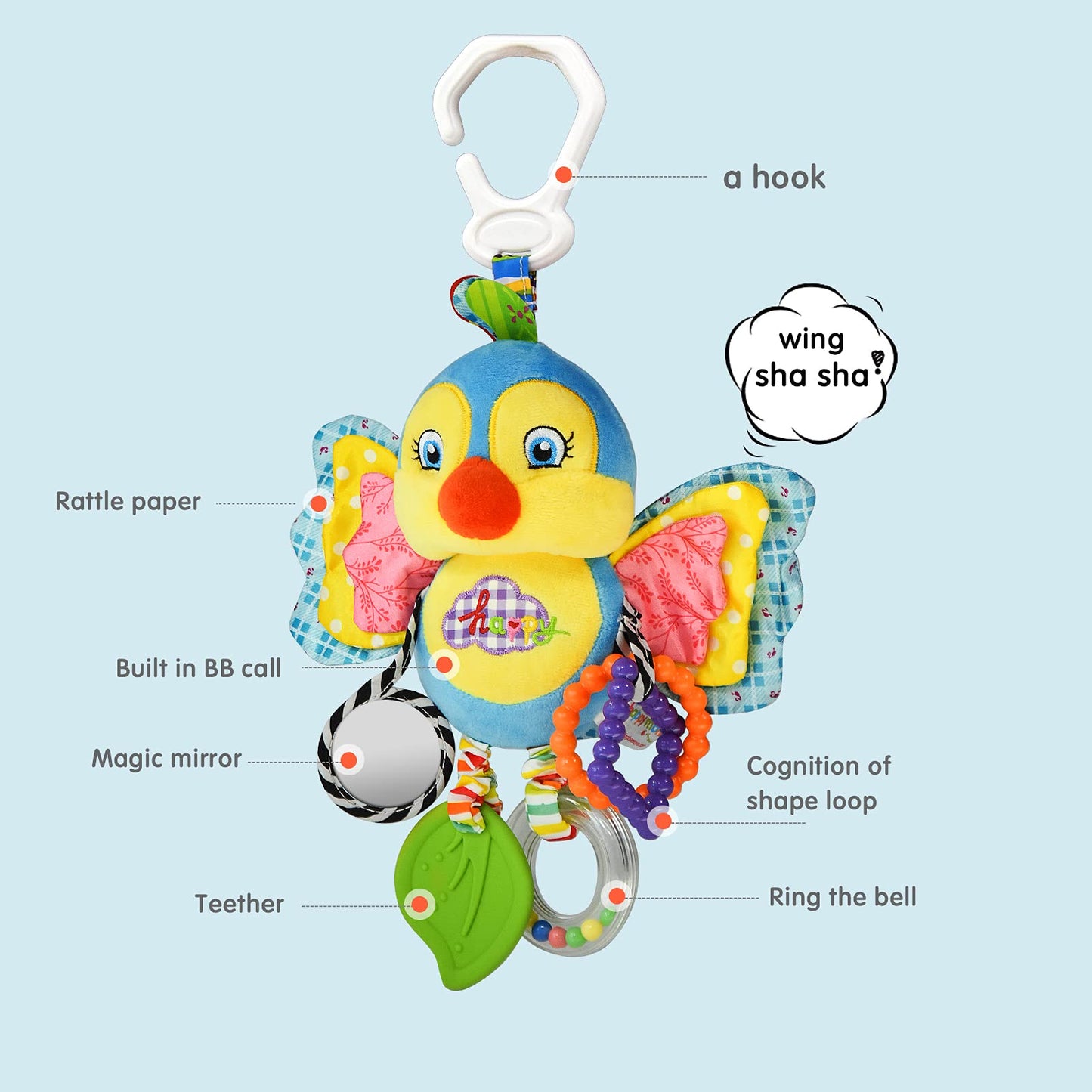 Baby Rattles Toys with Teether,Bed Bell for Toddler in pram,Gifts for Baby Aged 3 Months or More (Bird)