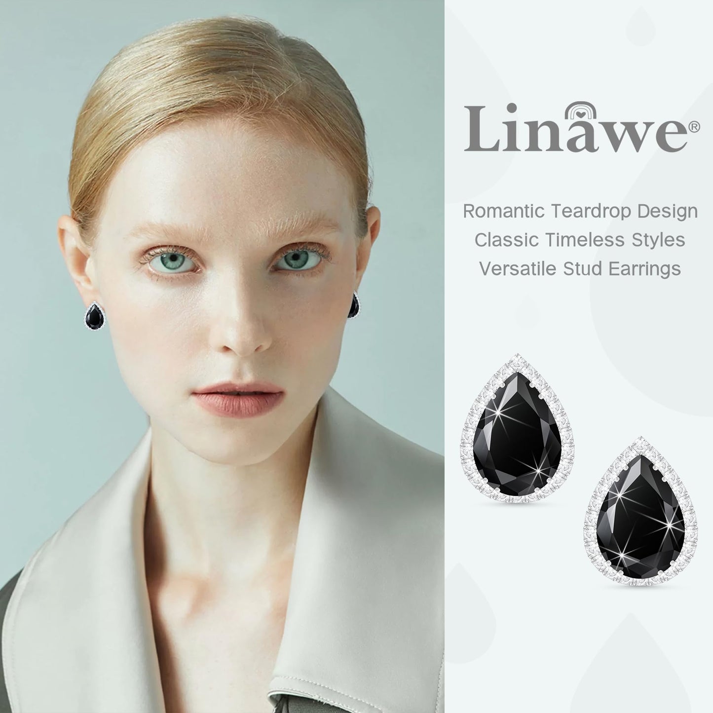 Linawe Black Silver Stud Earrings for Women, Imitation Diamond Cubic Zirconia Teardrop Rhinestone Crystal Earrings Studs, Cartilage Statement Unique Dainty Costume Jewelry Vintage