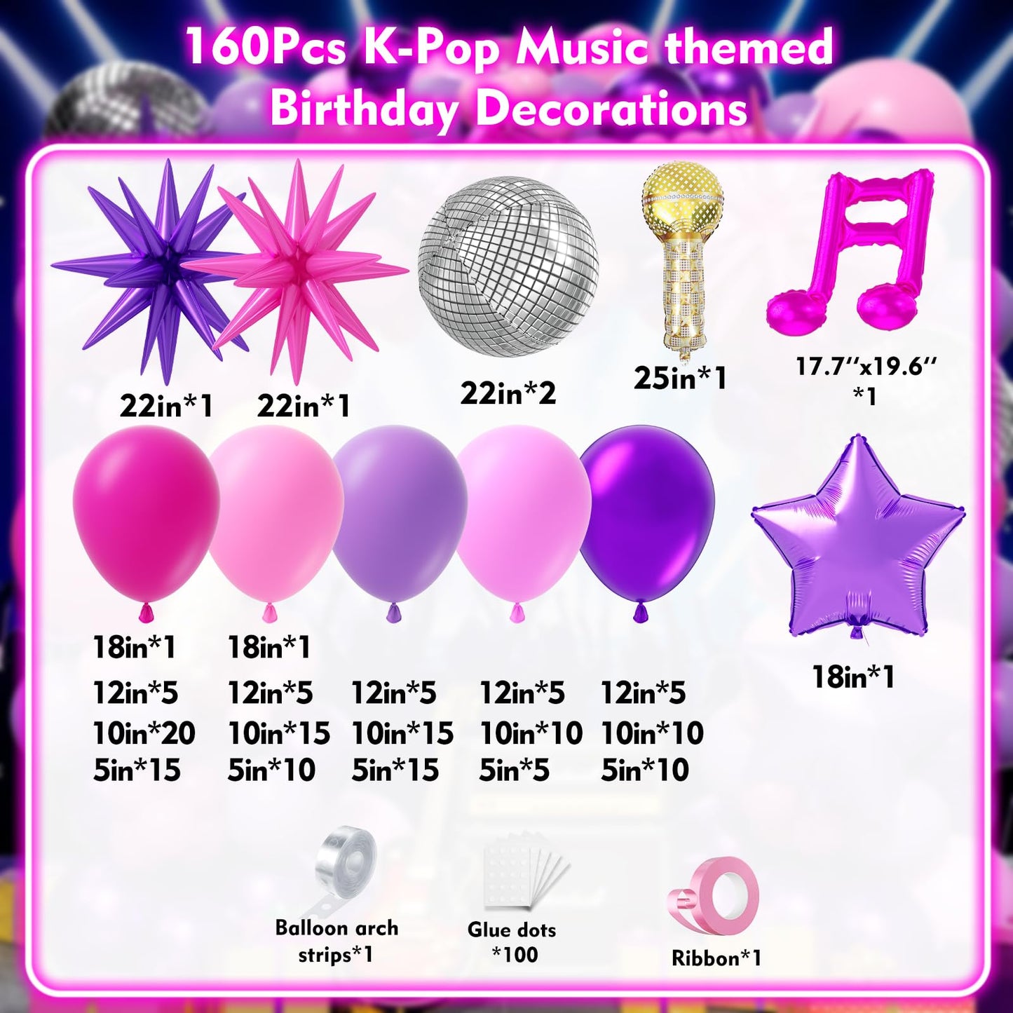 PTGOLUO K-Pop Music themed Birthday Decorations 160Pcs, Hot Pink Metallic Purple Balloon Garland Arch Kit with Disco Notes Star Foil Balloons for Girls Fans Birthday Grad Prom Princess Party Decor