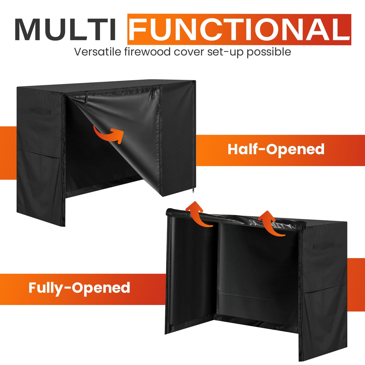 4ft Waterproof Firewood Rack Cover - Heavy Duty Black 600D Oxford Fabric - Indoor Or Outdoor Firewood Log Cover with Zipper & Adhesive Closing Strips - Rack NOT Included - Black