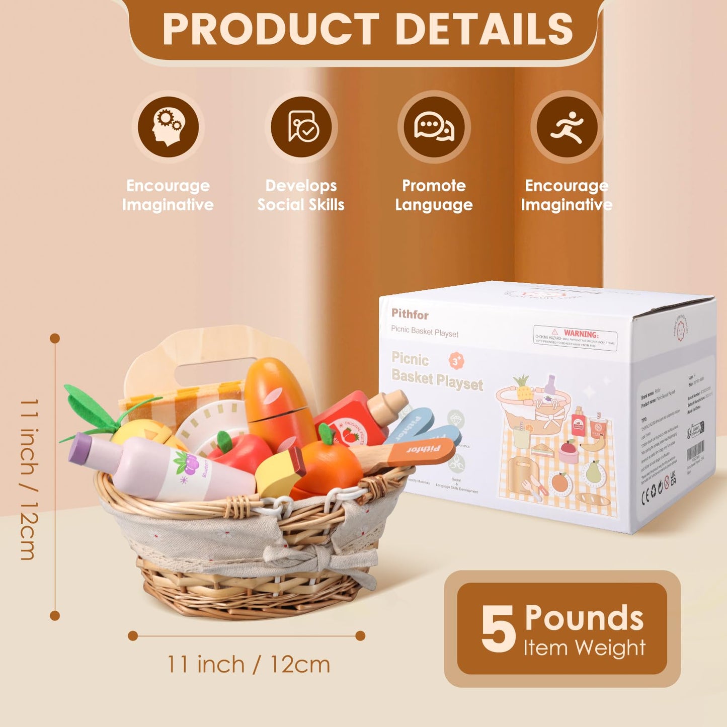 Pithfor Picnic Playset, Wooden Play Food Set for Kids Kitchen, Cutting Pretend Play Kitchen Food Toy for Toddlers Girls Boys 3 4 5 Years Old