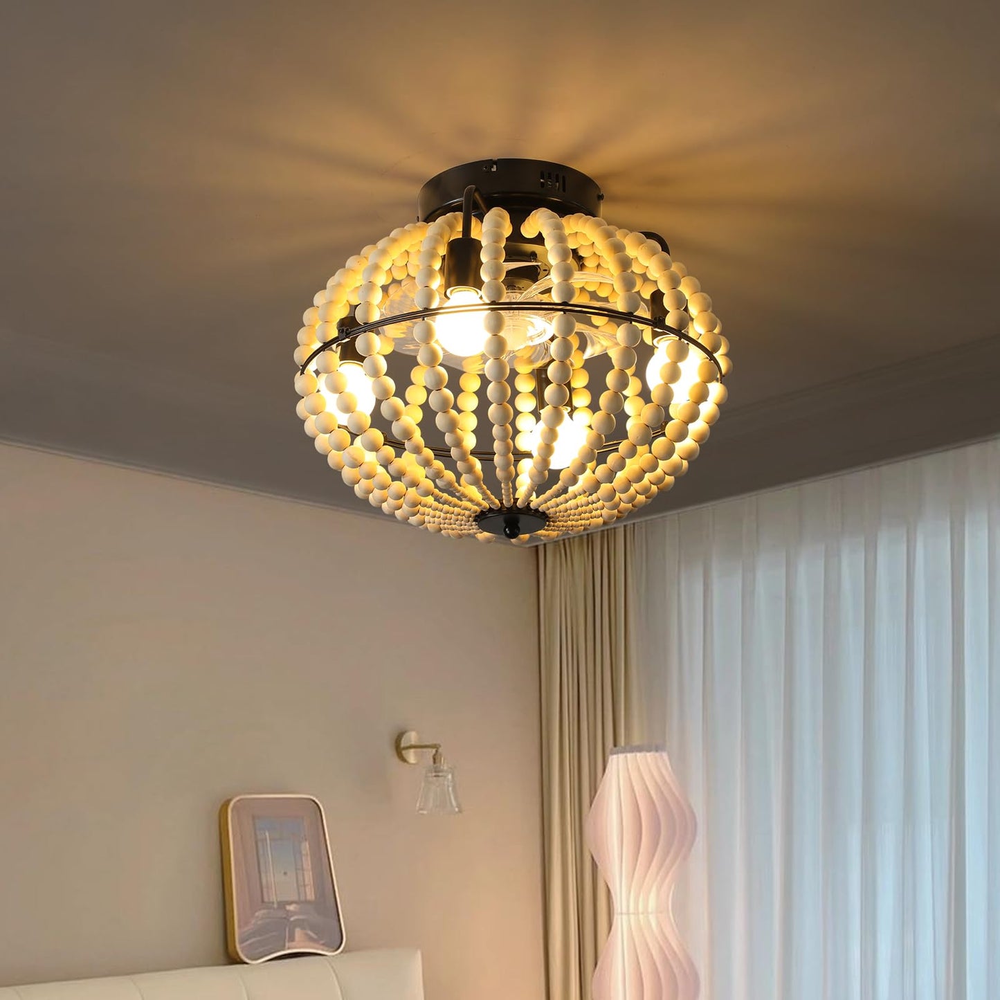 18" Bohemian Wood Beaded Ceiling Fan with Light, Flush Mount Caged Ceiling Fan, Rustic Farmhouse Low Profile Fan Light Fixture for Indoor Home Decor (Silent/6-Speed/Reversible/DC Motor) (No Bulbs)