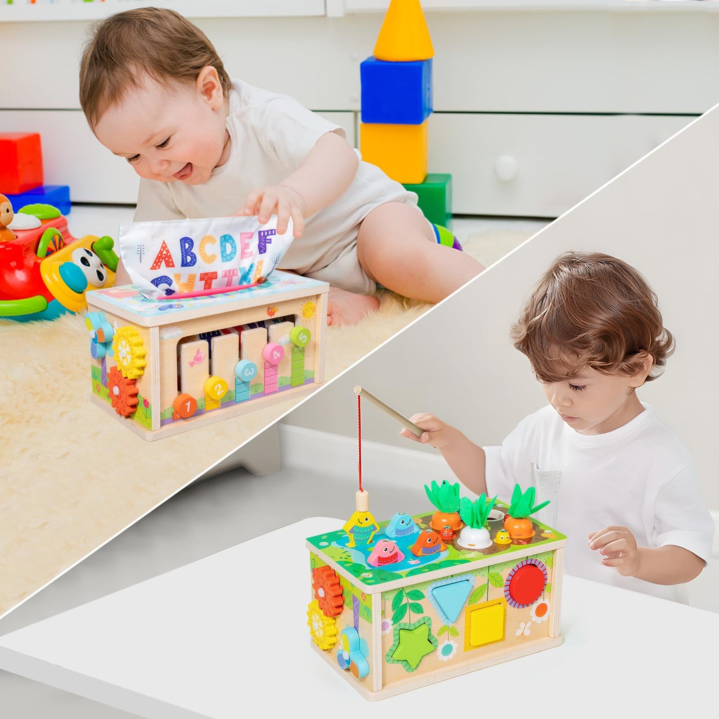 Ancaixin 6-in-1 Montessori Tissue Box Toy for 6+ Months Baby, Wooden Activity Cube, Puzzles 12-18 Months, Perfect 1 Year Old Girl Boy Gifts, Sensory Toys for Toddlers 1-3, Baby 1st Birthday Gift