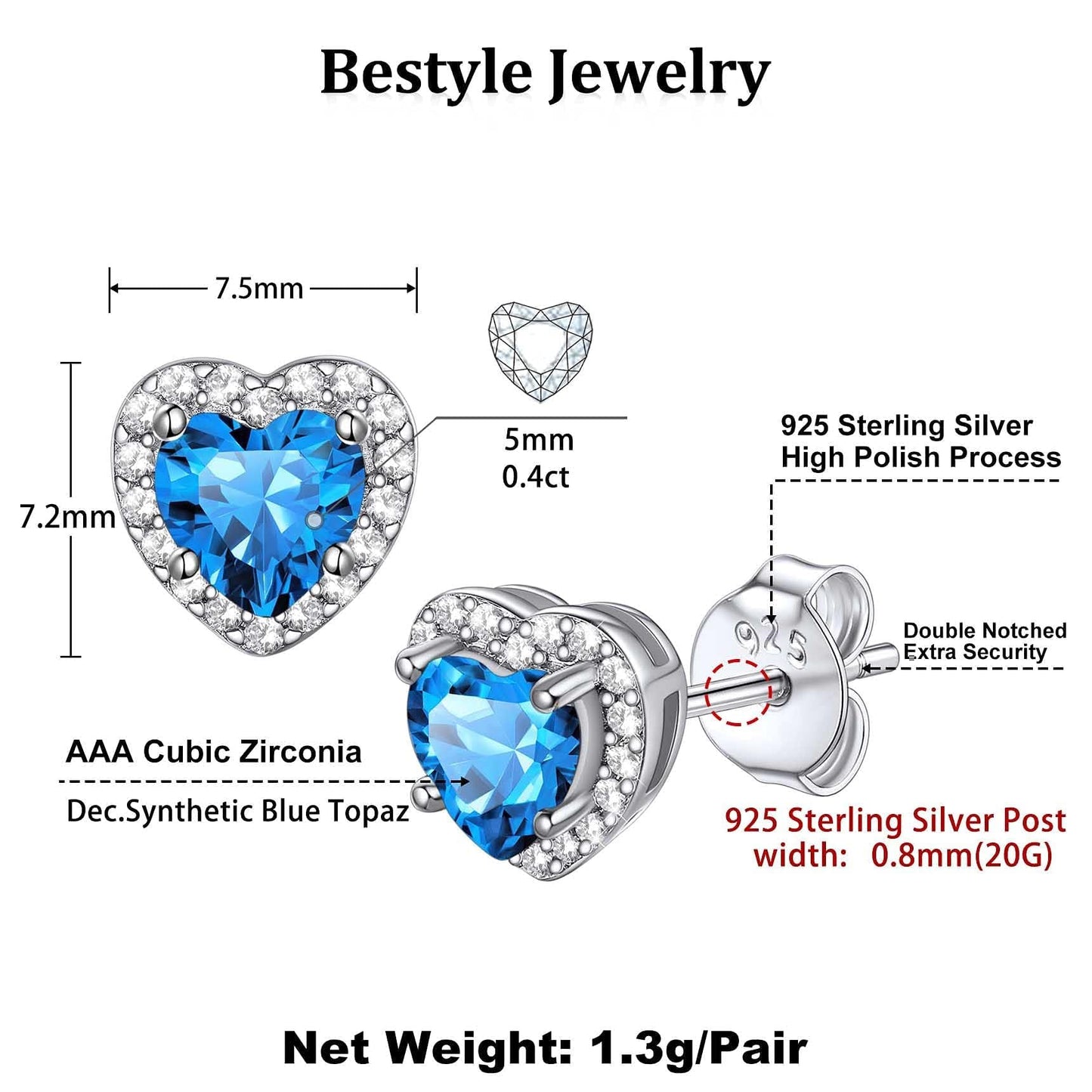 Bestyle CZ Heart Diamond Stud Earrings 5mm December Blue Topaz Birthstone Solitaire Earrings, 925 Sterling Silver Earrings Jewelry Gift for Wedding Anniversary Birthday
