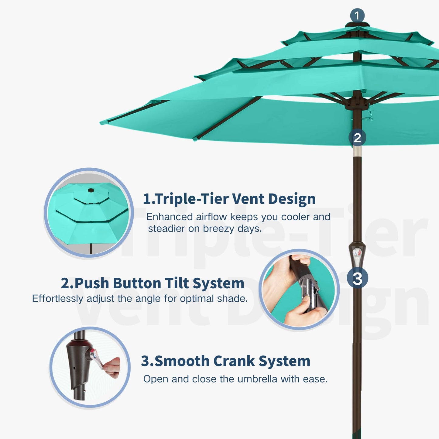 Patio Kingdom 10FT Patio Umbrella 3 Tiers Outdoor Market Umbrella w/Push Button Tilt, Crank, UV and Waterproof Table Umbrella for Garden, Pool, Backyard, Deck, Lawn, Turquoise Blue
