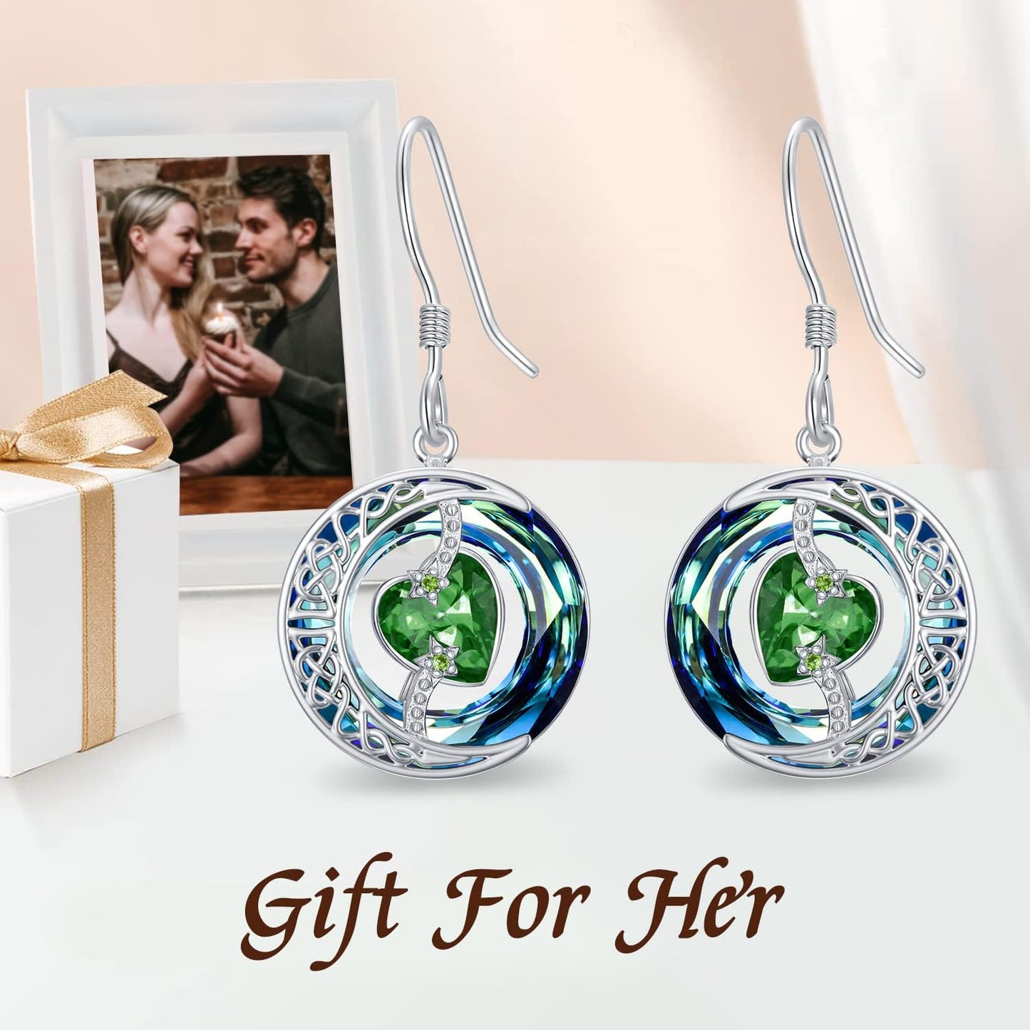 TOUPOP Emerald Earrings May Birthstone Earrings Sterling Silver Moon and Star Drop Dangle Earring Jewelry Blue Crystal Birthday Mothers Day Gifts for Women Mom Her