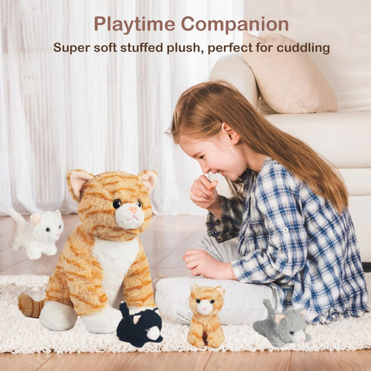 5 PCS Cat Stuffed Animal with Babies Inside Belly, 1 Mommy Stuffed Orange Tabby Cat Toy with 4 Plush Kittens, Stuffed Kitty Plushies for Kids Boys Girls Christmas Birthday Gift