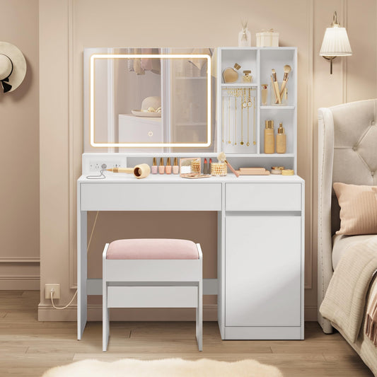 VASAGLE KAILYN Collection - 43.3-Inch Wide Vanity Desk with Mirror and Lights, Power Outlets, Vanity Table Set with Stool, Jewelry Storage, Adjustable Shelves, for Bedroom, Cloud White URDT632W02