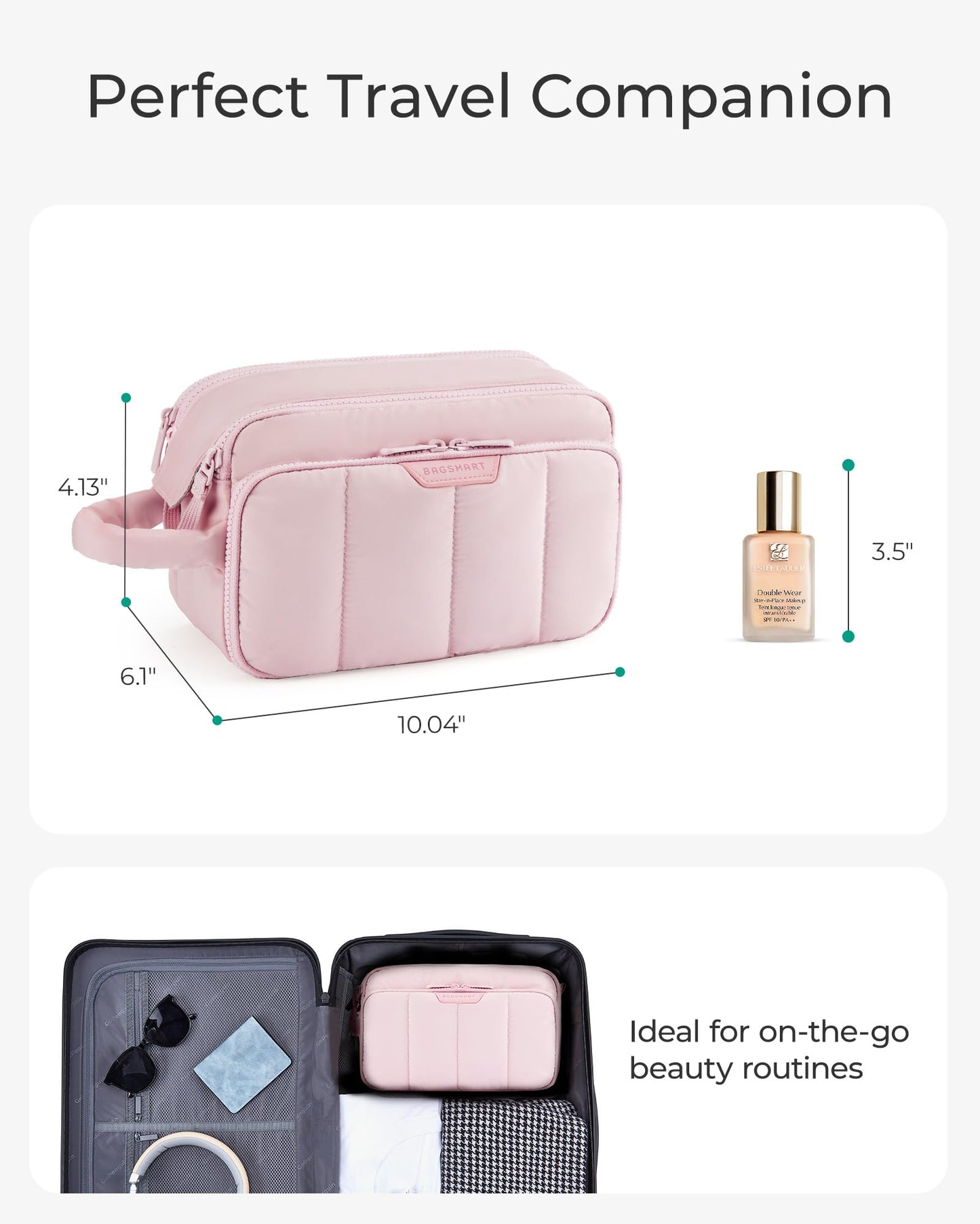 BAGSMART Travel Toiletry Bag for Women, Wide-open Makeup Bag Organizer, Puffy Make Up Case, Large Capacity Cosmetic Organizer for Women for Travel Essentials Toiletries Accessories (Nude Pink)