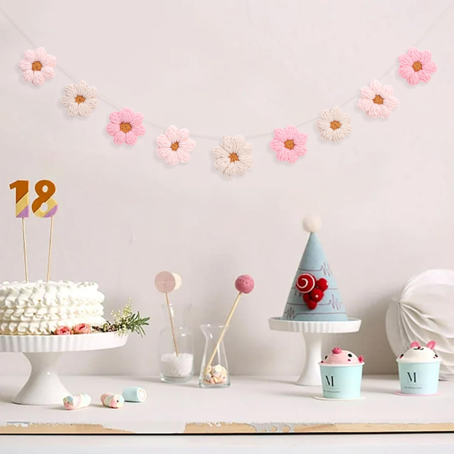 Boho Crochet Daisy Garland - Pink and Beige Yarn Floral Banner for Baby Girl Nursery Decor, Handmade Daisy Garland for Birthday Party, Boho Room Wall Hanging Decoration, Groovy one Birthday Decor