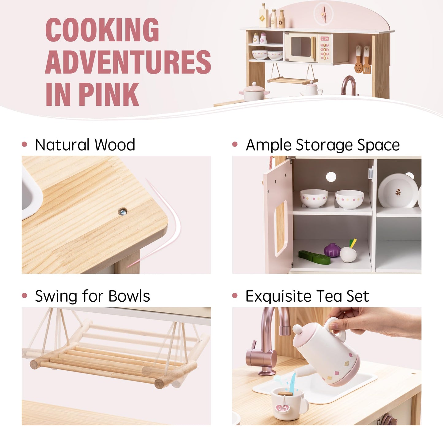 ROBOTIME Wooden Play Kitchen Set, Pretend Play Kitchen Set for Kids with Realistic Design, Kids & Toddlers Kitchen Playset with Dishwasher, Toy Kitchen Set for Boys and Girls Ages 3+ (Pink)