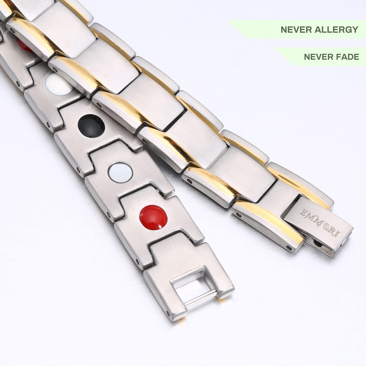 EMMORI Ultra Strength Magnetic Bracelet - 3,500 Gauss Per Magnet -Magnetic Bracelets for Men Woman - Adjustable Length -Pulseras Magneticas (Silver Gold)