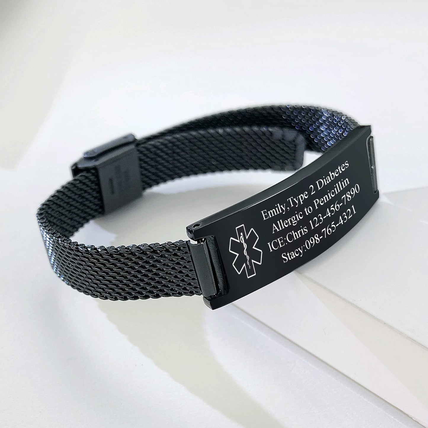 VNOX Medical Alert Bracelets for Men & Women with Free Engraving Adjustable Stainless Steel Mesh Emergency Medical ID Bracelets Wristband,Black
