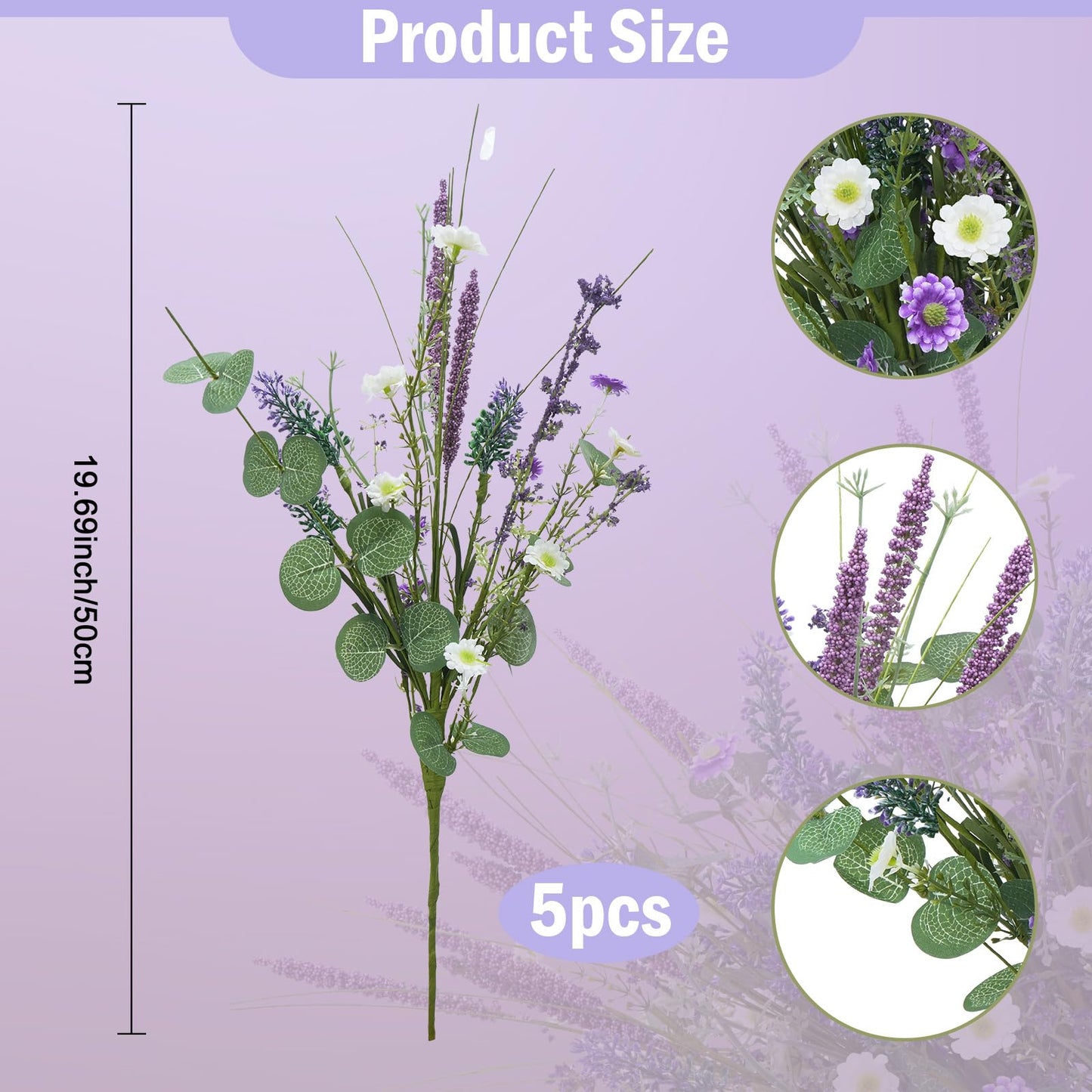 HO2NLE 19.6" Fake Lavender Flowers Artificial Purple 5Pcs Faux Florals Plastic Flowers with Daisies Bulk Bush Spring Summer for Garden Porch Table Centerpieces Home Kitchen Wedding Decorations