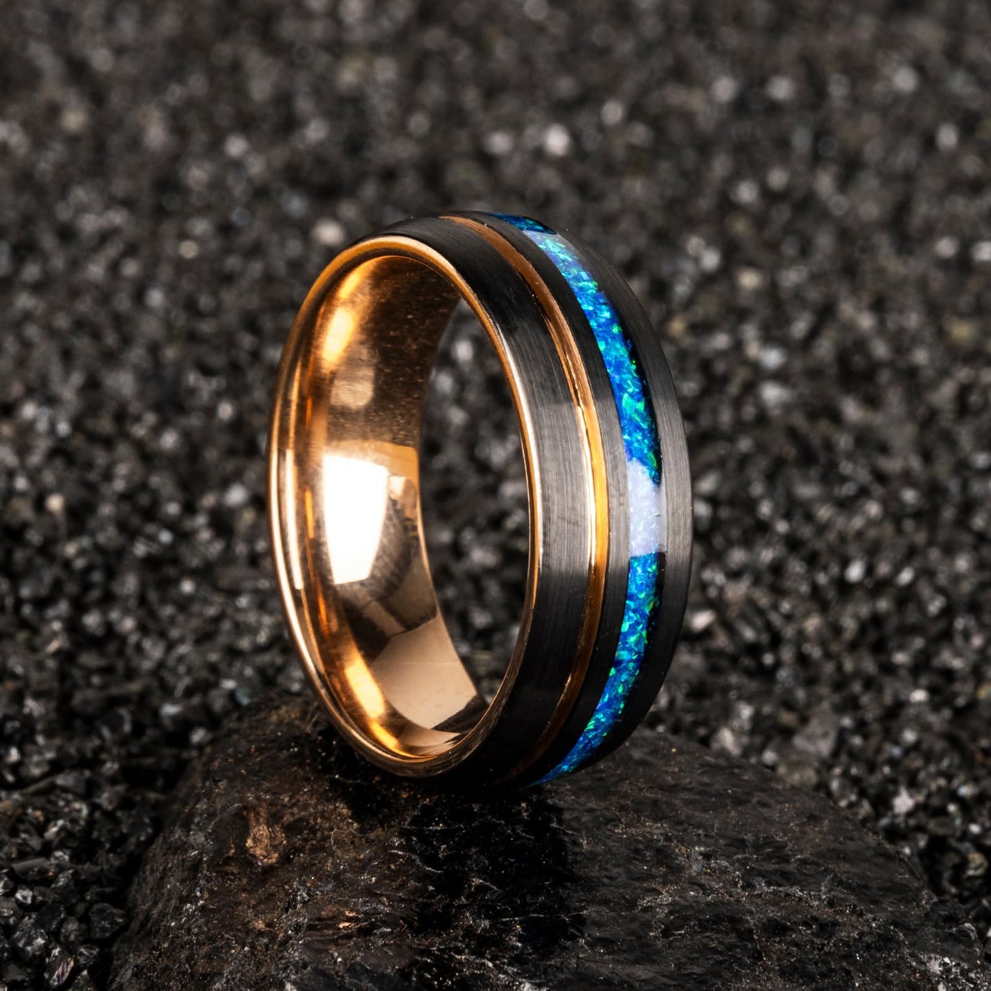 JEWPER 8mm Men Womens Wedding Band Tungsten Rings Black Blue rose gold Fashion Promise Carbide outer ring Inlaid Opal groove design Matte Finish Edge Comfort Fit Size(6)