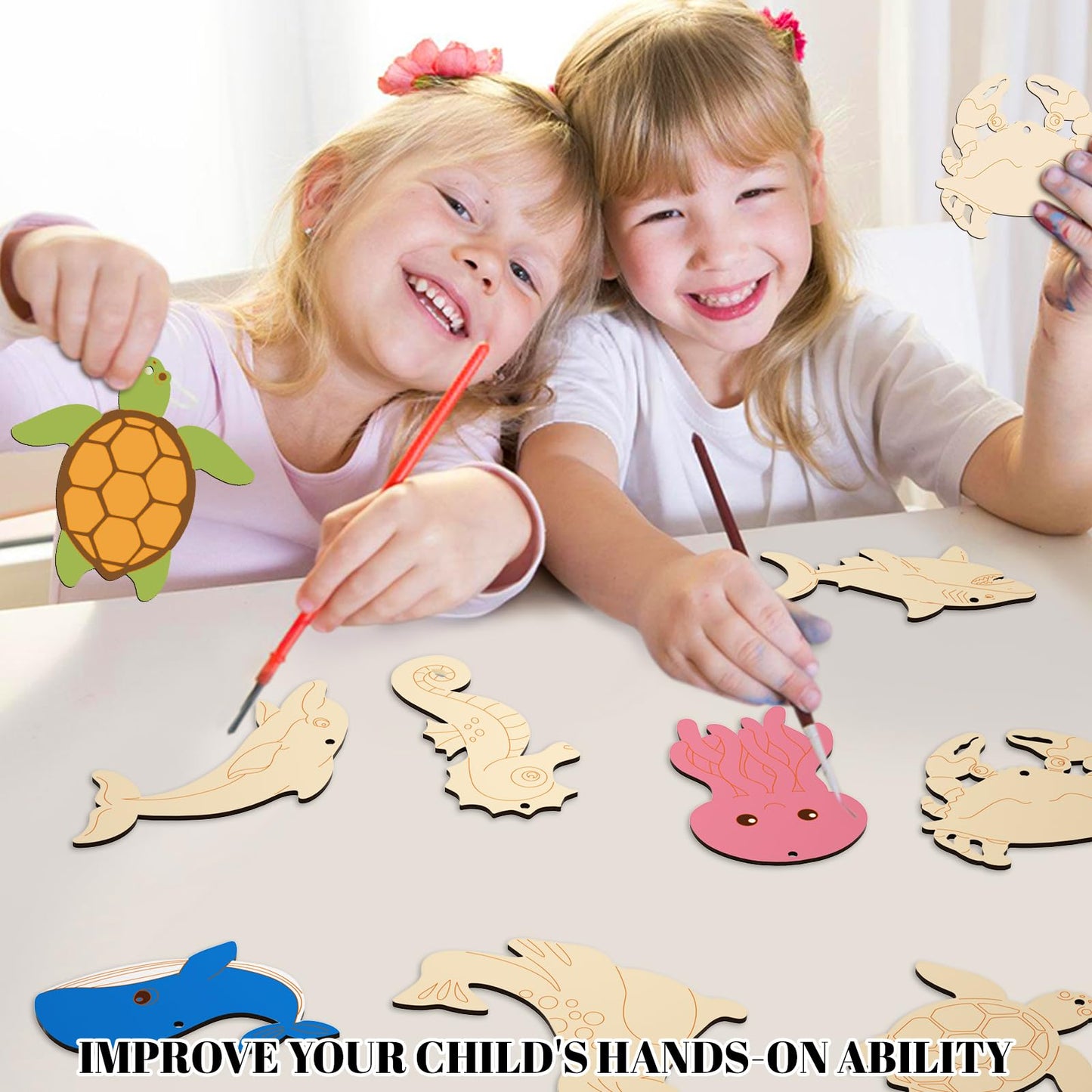 Subacy 80 PCS Unfinished Wood Cutouts 10 Styles DIY Wooden Ocean Ornaments, Wooden Art Craft Painting Kit for Kids, Birthday Easter Creativity Arts & Crafts, Sea Animal Shape