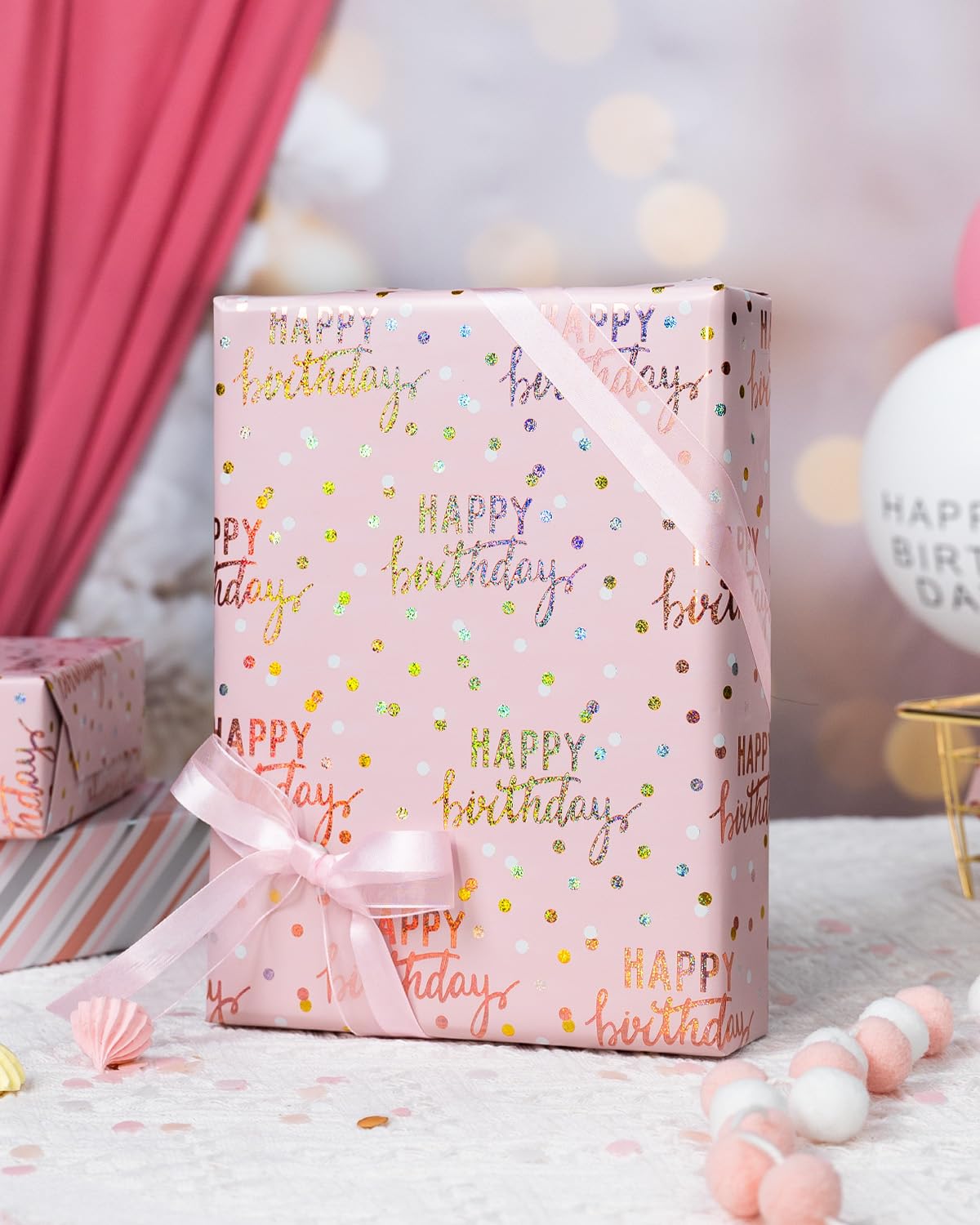 MAYPLUSS Birthday Wrapping Paper Roll, Pink Metallic Holographic Happy Birthday Wrapping Paper Featuring Revesible Stripe Gift Wrap Paper for Girls Boys Kids Men, 17 Inches x 33 Feet