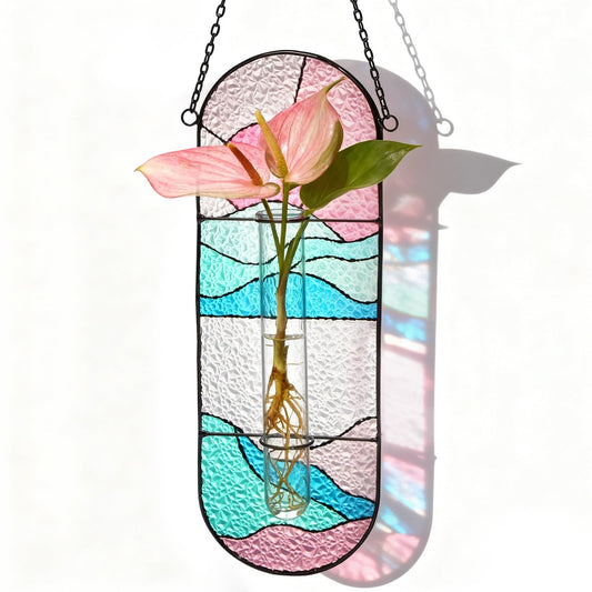 Stained Glass Plant Propagation Stations - Handmade Sunshine Catcher Hydroponic Planter Window Hanging with Glass Tubes, Terrarium Decor Gifts for Women Mom Plant Lovers, Pink