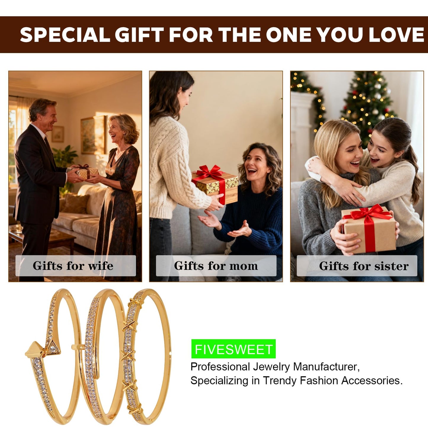 FIVESWEET 3PCS Gold Bangle Bracelet Set for Women, Copper Inlaid with 3A Zircon, Stackable Trendy Jewelry, 2.4 Inch, Great Gift for Her Girlfriend Wife Mom Sister Lover on Birthday Christmas Valentine's Day Mother's Day (Rivet & X-Element)
