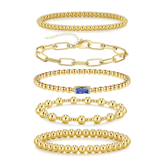 5 PCS Gold Bracelets for Women, Dainty Birthstone Bracelet 14K Gold Plated Stackable Paperclip Cuban Link Chain Bead Bracelets, Fashion Trendy Jewelry Sets Birthday Gifts