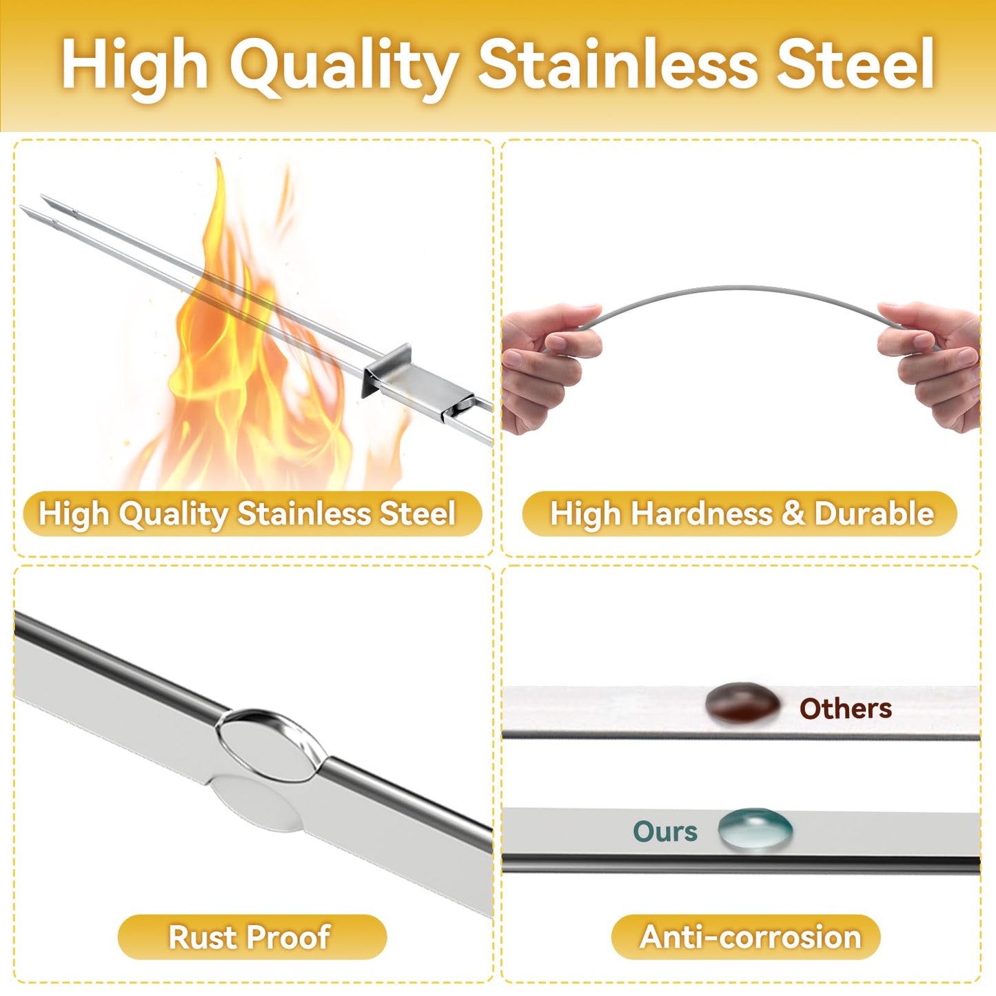 Skewers for Grilling- 17 inch (6 Pack) Double Pronged Flat Stainless Steel BBQ Skewer with Push Bar- Kabob Skewers Skewer Sticks for Camping or family - Reusable, BBQ Accessories