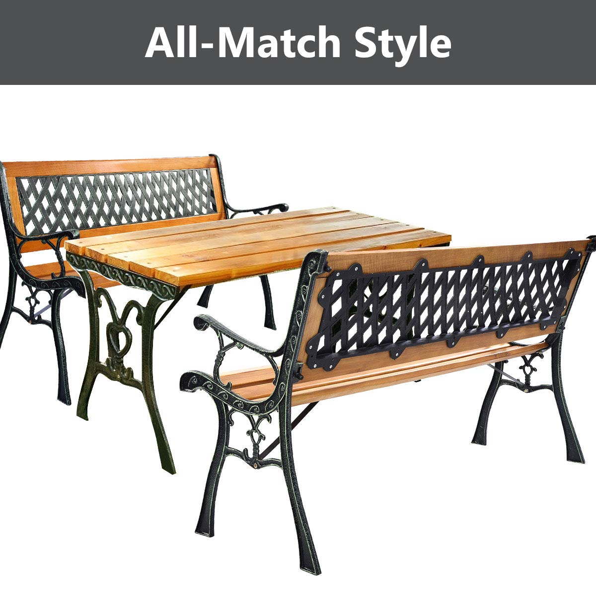 Giantex 50'' Patio Bench, Outdoor Furniture Cast Iron Hardwood Frame Porch Loveseat, Weather Proof Porch Path Chair for 2 Person Outside Bench