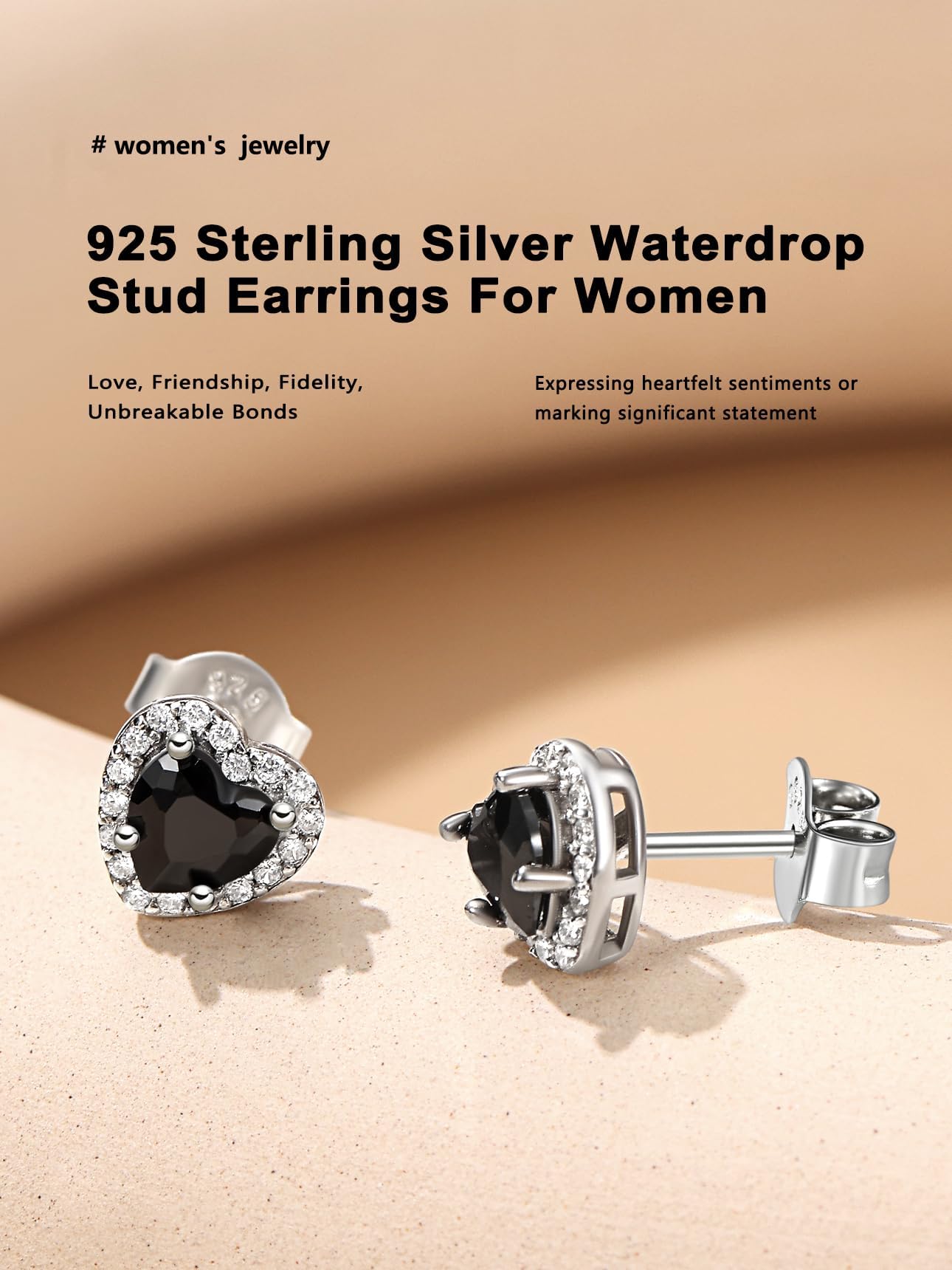 Bestyle 925 Sterling Silver Heart Birthstone Stud Earrings for Women, Black Onyx Earrings Black Diamond Stud Earrings, Women Black Silver Earrings for Everyday Wear