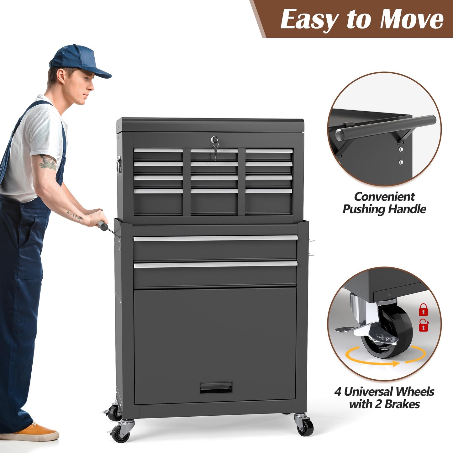 Raysfung Tool Chest, 8-Drawer Tool Chest, 2-in-1 Rolling Tool Storage Box with Lockable Wheels & Sliding Drawers, Detachable Top Tool Box, Metal Tool Storage Cabinet for Garage, Workshop