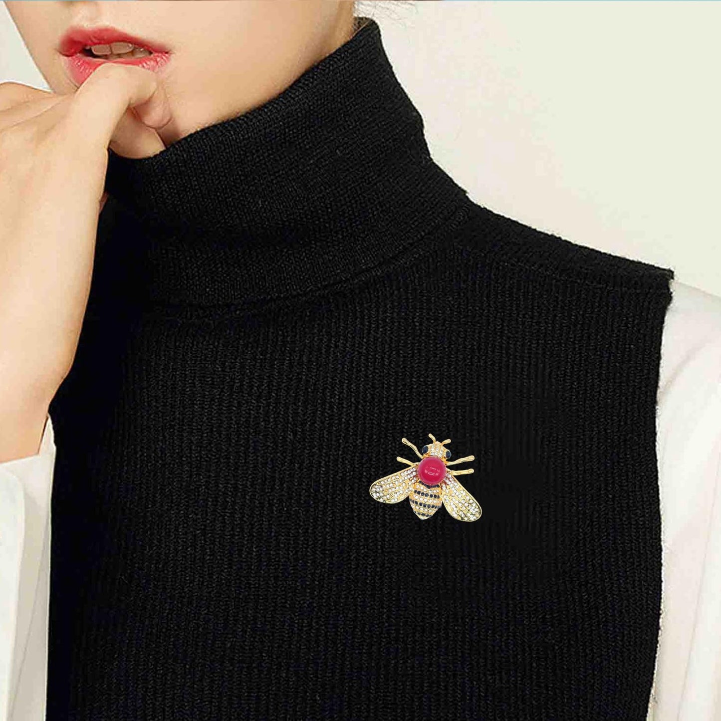 Honey Bee Brooches Crystal Insect Themed Bee Brooch Animal Fashion Shell Pearl Brooch Pin 14K Gold Plated (Red pearl)