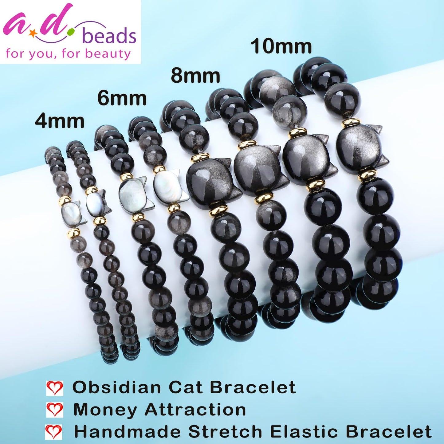 AD Beads 6mm Handmade Obsidian Cat Bracelet Elastic Bracelet – Natural Gemstone for Money Attraction – Meditation, Yoga, Healing and Energy Gift for Men Women