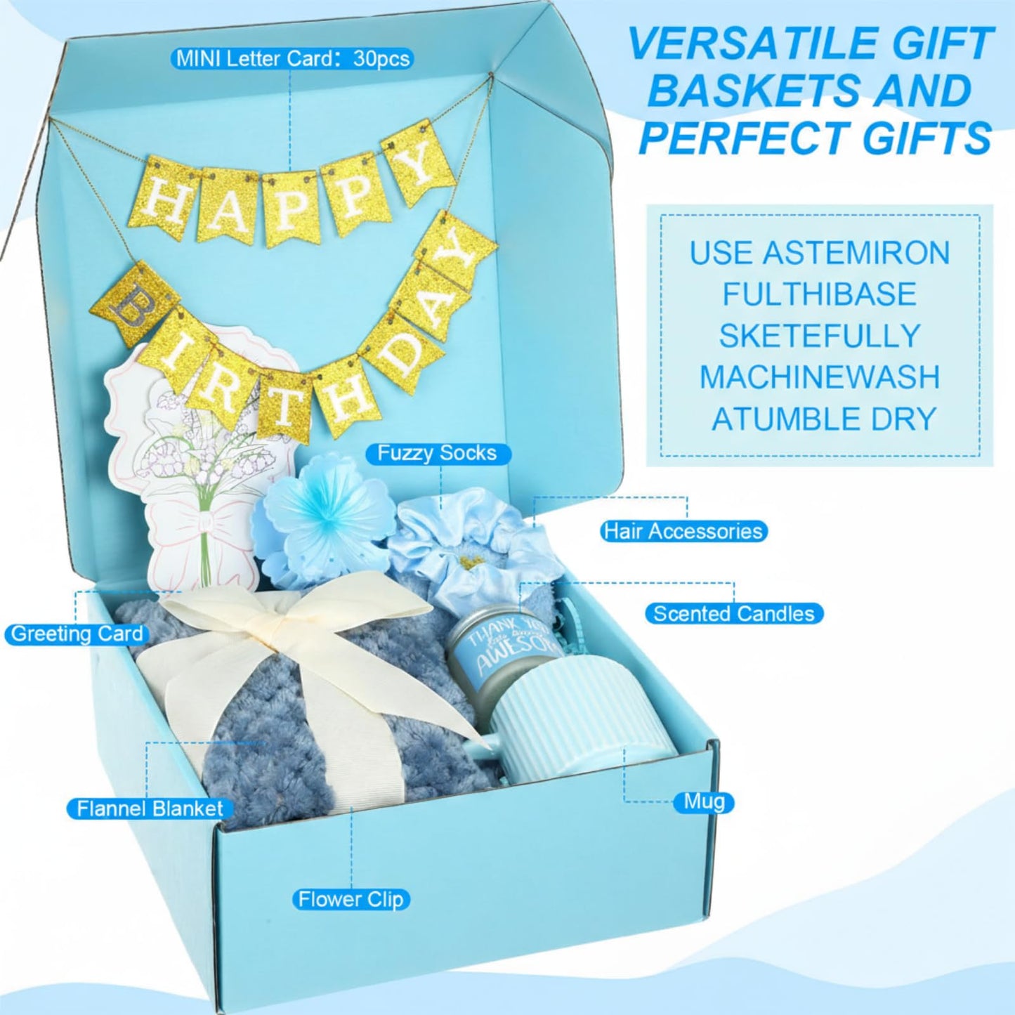 Zopeal Mothers Day Birthday Gifts Baskets for Women with Custom Banner, Care Gifts Get Well Soon Relaxing Spa Package Thank You Box for Her Mom Sister Friend Wife Teacher Coworker(Blue)