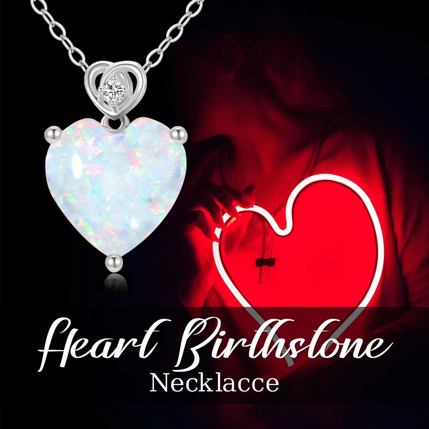 NFYBD 14k White Gold Love Heart Opal Birthstone Pendant Necklace for Women 3 Carat Heart-cut Created Gemstone Anniversary Birthday Mother's Day Necklaces for Her-October