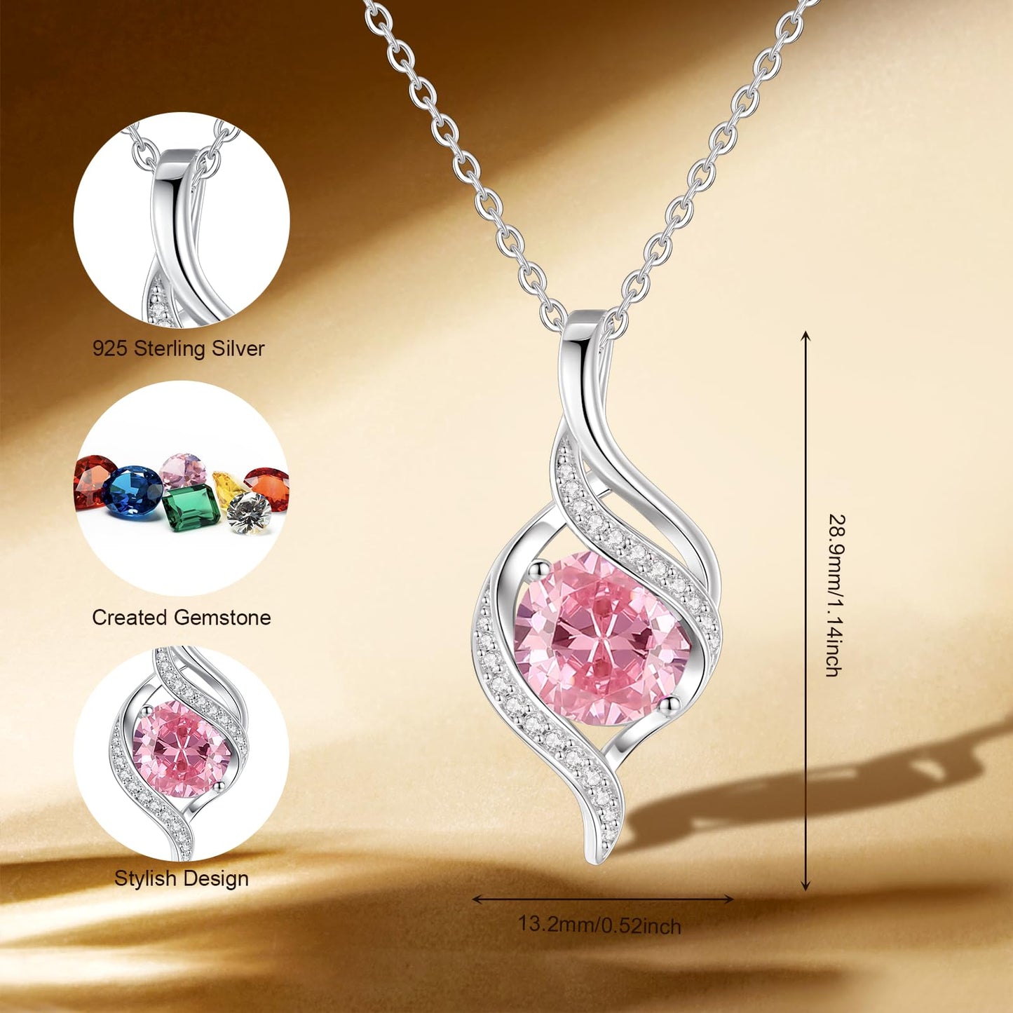 FANCIME October Birthstone Necklace for Women Round Pink Tourmaline Necklace S925 Sterling Silver full Love Birthday Gifts for Mom Women, 16"+2" Inches
