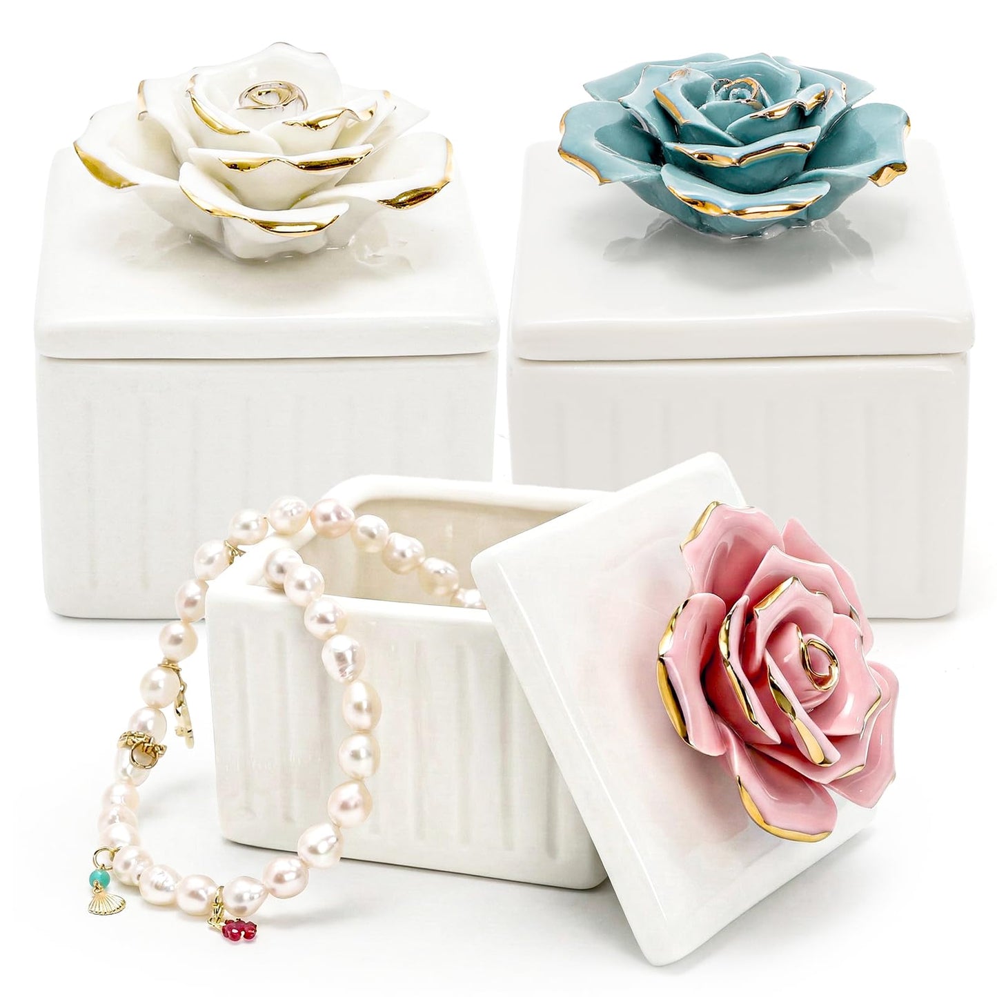 ZOOFOX 3 Pack Vintage Jewelry Box, Small Elegant Embossed Jewelry Holder with Lid and Rose-Shaped Knob, Ceramic Trinket Organizer for Women, Ring, Earrings, Necklace