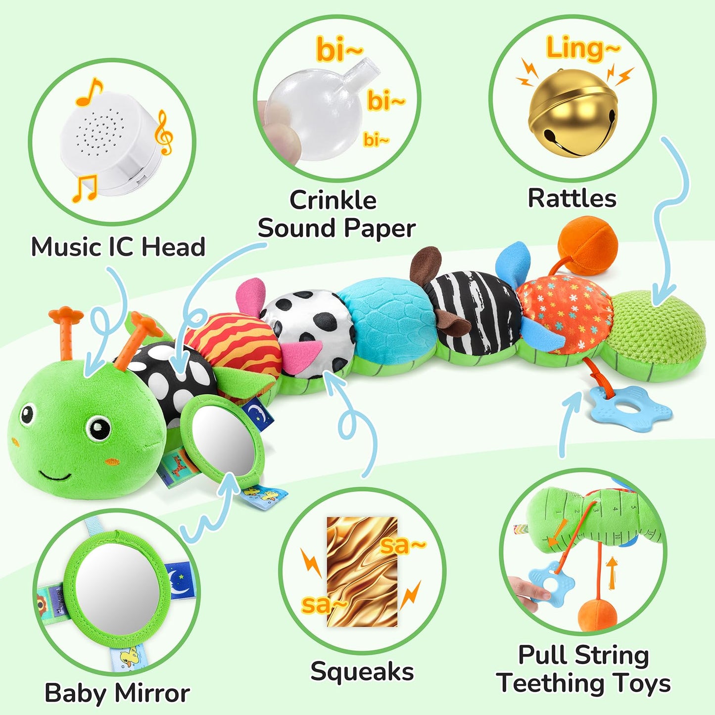 AWOTOY Baby Toys 6-12 Months Music Caterpillar Infant Toys Stuffed Animals 0-3-6 Months Tummy Time Teething Sensory Toys with Mirror Rattle&Pull String for Boys Girls Birthday Gifts|Grass Green,Leafy