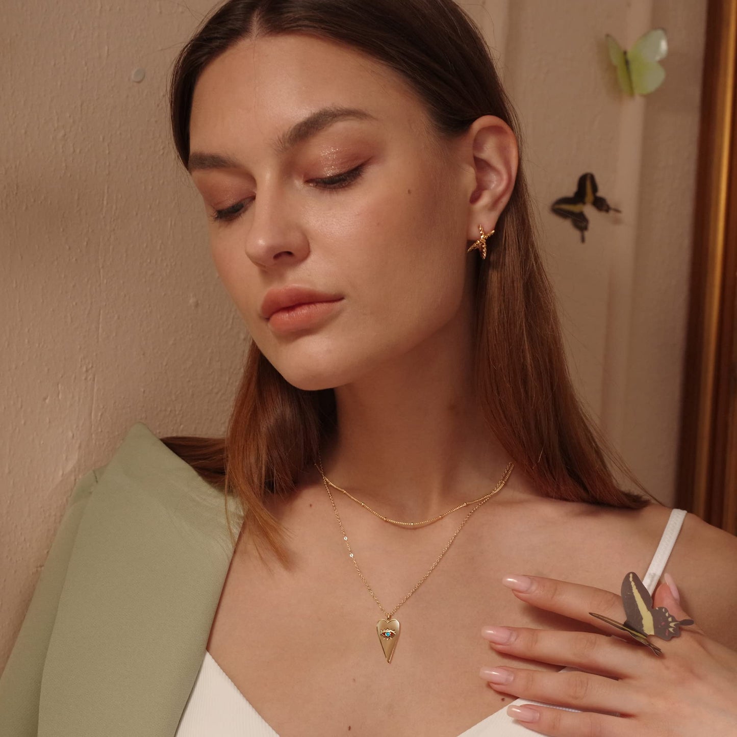 MEVECCO Layered Heart Evil Eye Necklace Handmade 18k Gold Plated Dainty Turquoise Layering Necklace for Women