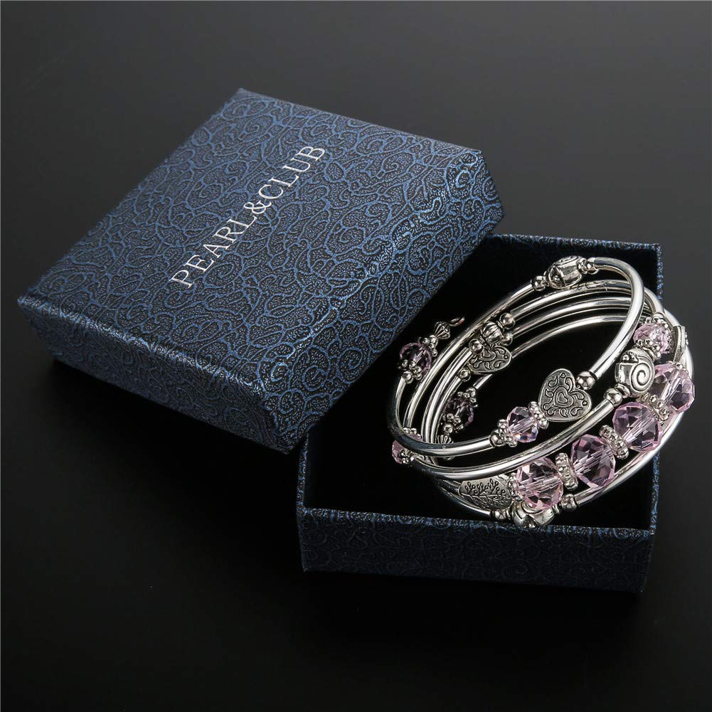 PEARL&CLUB Bead Crystal Wrap Bangle Bracelet - Fashion Jewelry Beaded Bracelet with Silver Metal, Gifts for Women(23-Pink)