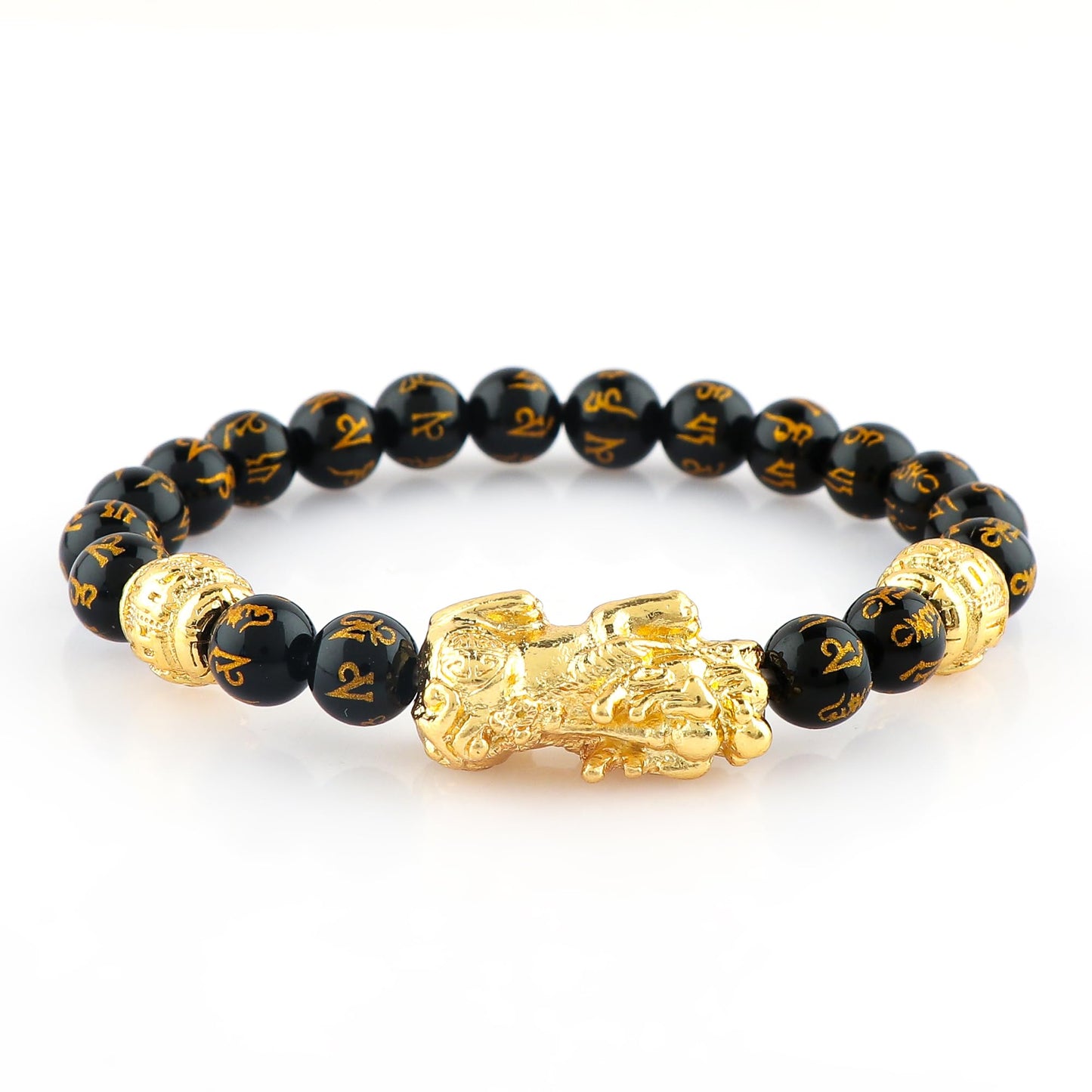 CRYSTALINES Om Mani Padme Hum Lion Beads Bracelet, Onyx Gemstone Stretchable Beaded Bracelet, Handmade, Chakra - Healing - Yoga - Spiritual - Protection, Kundalini Stretch Bracelet - 8mm Beads