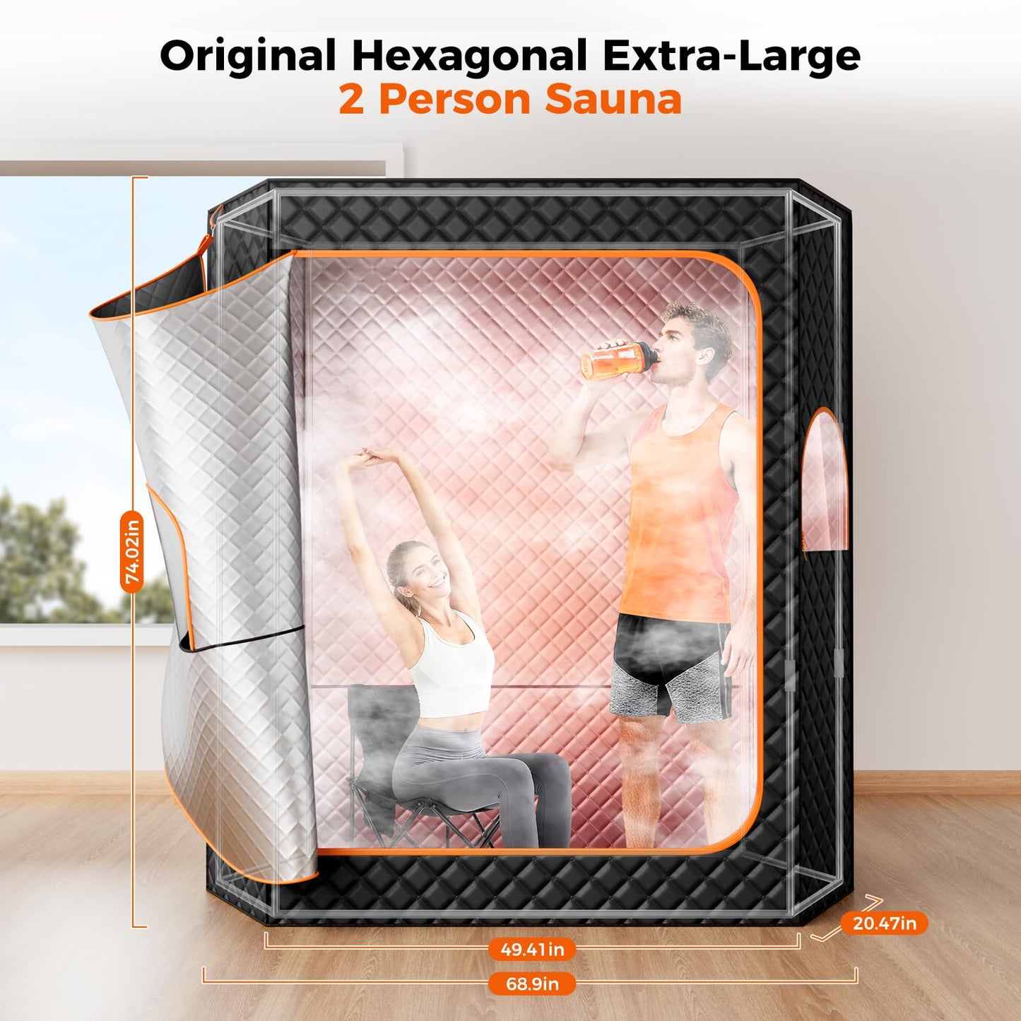 Binecer Portable Sauna Box, 2 Person Portable Steam Sauna for Home, Large Sauna Tent with 2 Steamer, Folding Chair for Relaxation-Black