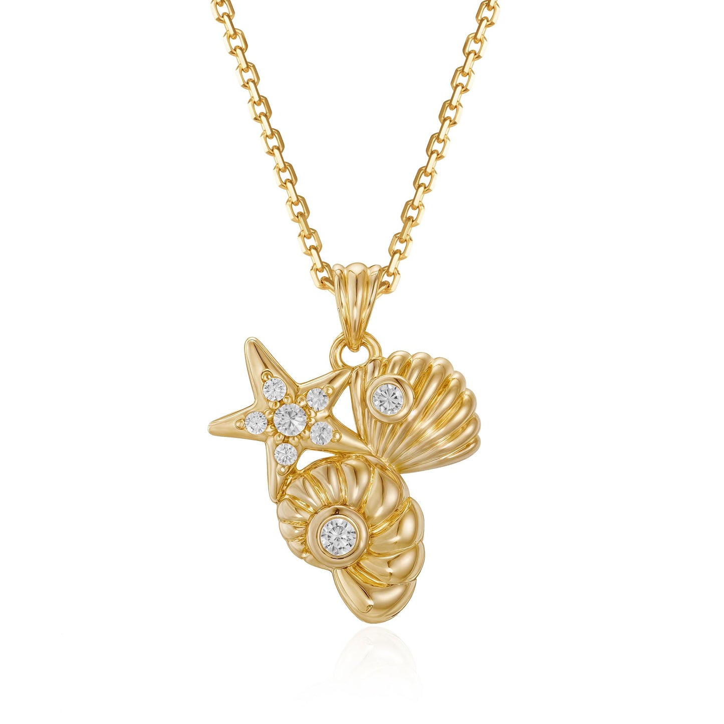 MYEARS Women Gold Necklace Conch Clam Shell Starfish Trio Pendant Cubic Zirconia 14K Simple Dainty Chain Everyday Summer Beach Jewelry