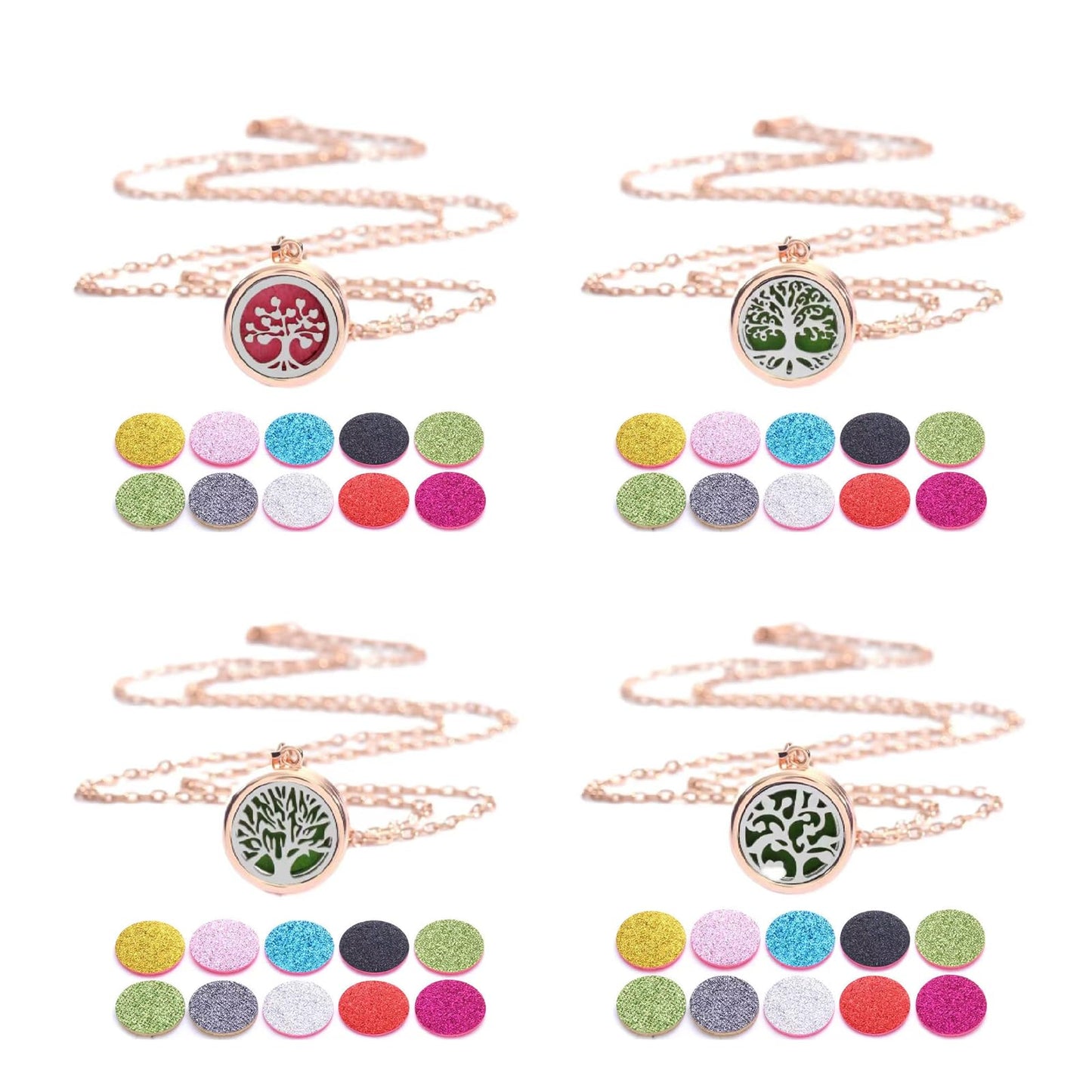 4-Piece Rose Gold Tree of Life Aromatherapy Necklace Set, Essential Oil Diffuser Pendant, Women's Stainless Steel Fragrance Jewelry, Includes Replacement Cotton Pads