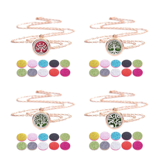 4-Piece Rose Gold Tree of Life Aromatherapy Necklace Set, Essential Oil Diffuser Pendant, Women's Stainless Steel Fragrance Jewelry, Includes Replacement Cotton Pads