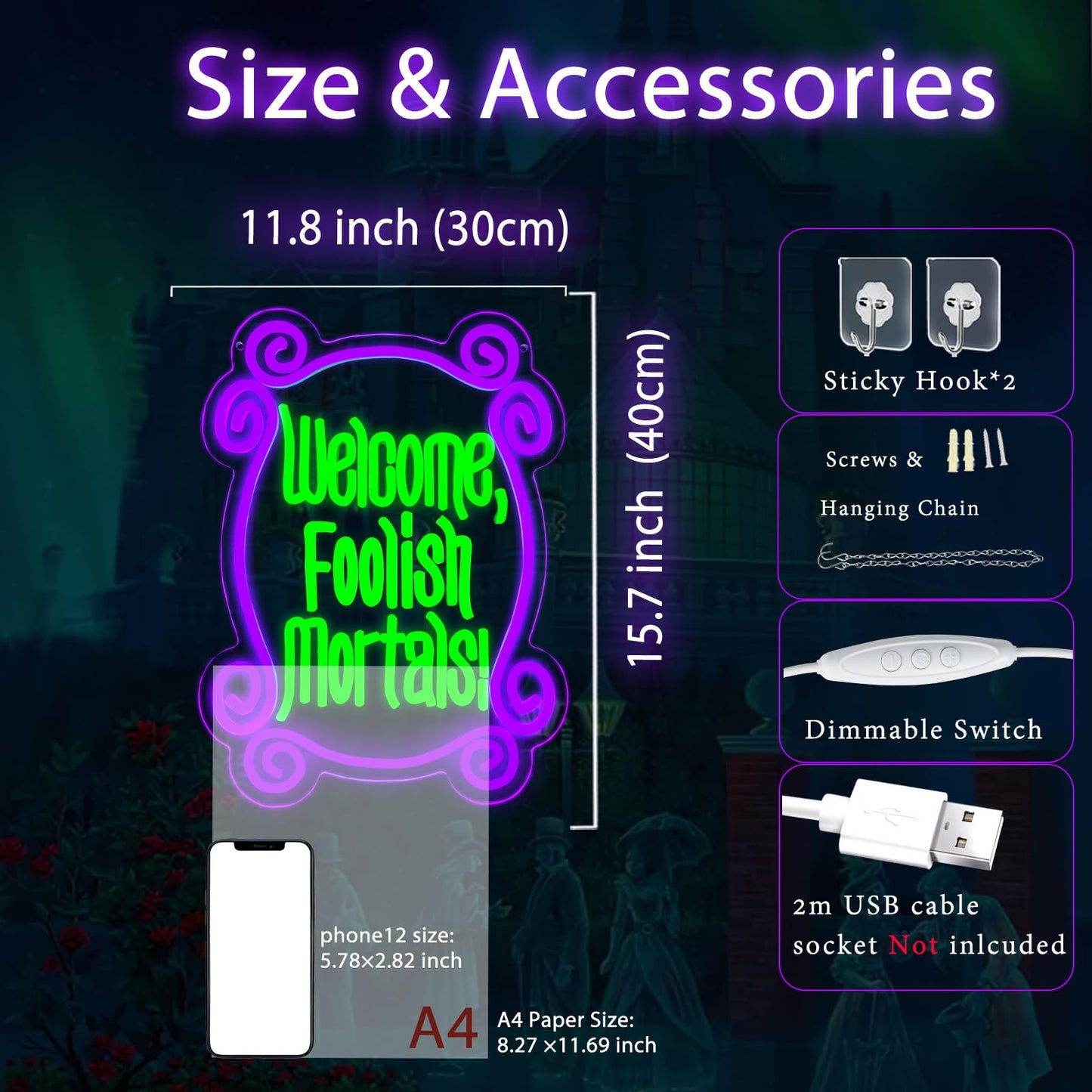 Welcome Foolish Mortals Neon Sign, Haunted Mansion Decor, Halloween Neon Signs for Wall Decor, Dimmable LED Spooky Gothic Coffin Neon Signs, Haunted Mansion Neon Sign for Halloween Party Man Cave (Green)