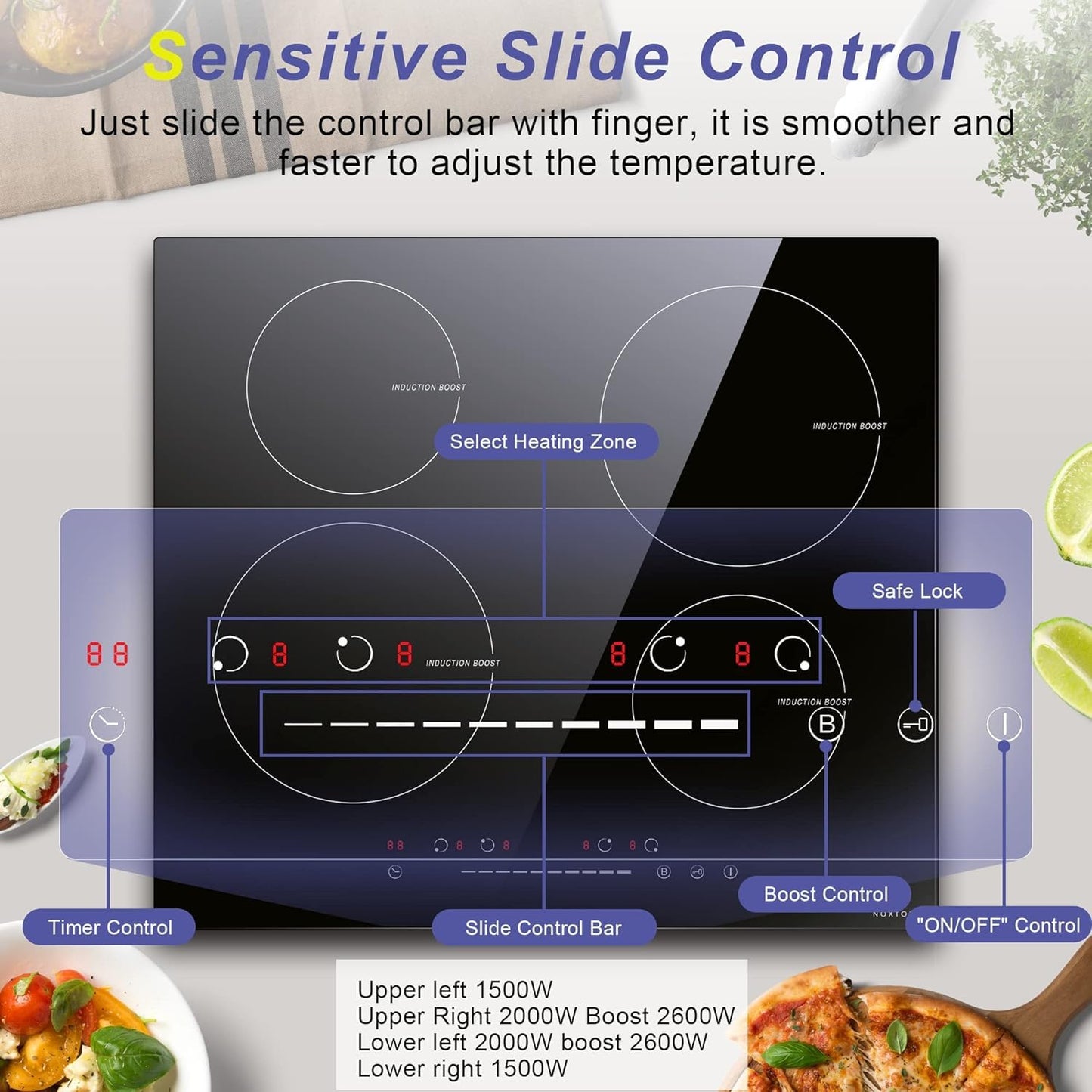 Noxton Induction Cooktop 4 Burners, 24 Inch Induction Stove Slide Touch Control, 9 Power Level, Fast Heating Boost Function, Timer, Safe Lock, Built-in Electric Cooktop, 8200W, 220~240v Hard Wire