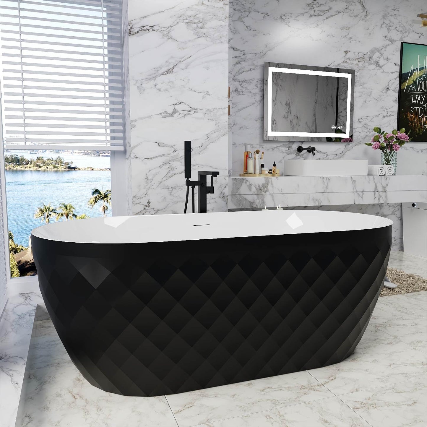 Mokleba 59" Acrylic Freestanding Bathtub，Double Ended Shape lozenge texture Bathtub with Integrated Slotted Overflow, Toe-Tap Chrome Drain, cUPC Certified,Black