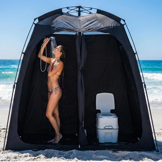 EighteenTek® Upgraded Shower Tents with Hub, Camping Privacy Tent, 2-Room Privacy Shelter with Floor & Dual Doors, Portable Camping Toilet & Changing Tent, 83" x 47" x 77.6"H