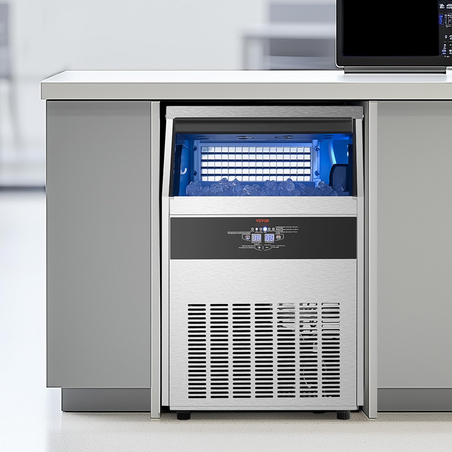 VEVOR 160lbs/24H Commercial Ice Maker Machine with Drain Pump, 66lbs Storage Capacity Ice Maker, 80 Ice Cubes in 15 Minutes, LED Digital Display Freestanding Self-Cleaning for Bar Office Restaurant